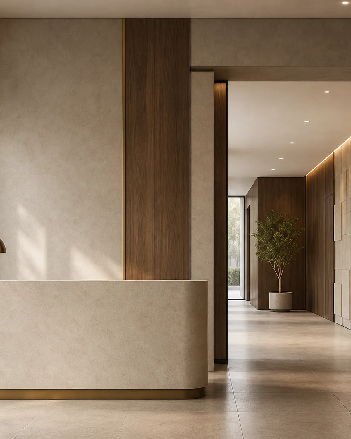 Reception desk opening into a corridor of connected commercial spaces, warm stone and walnut paneling with brushed brass details