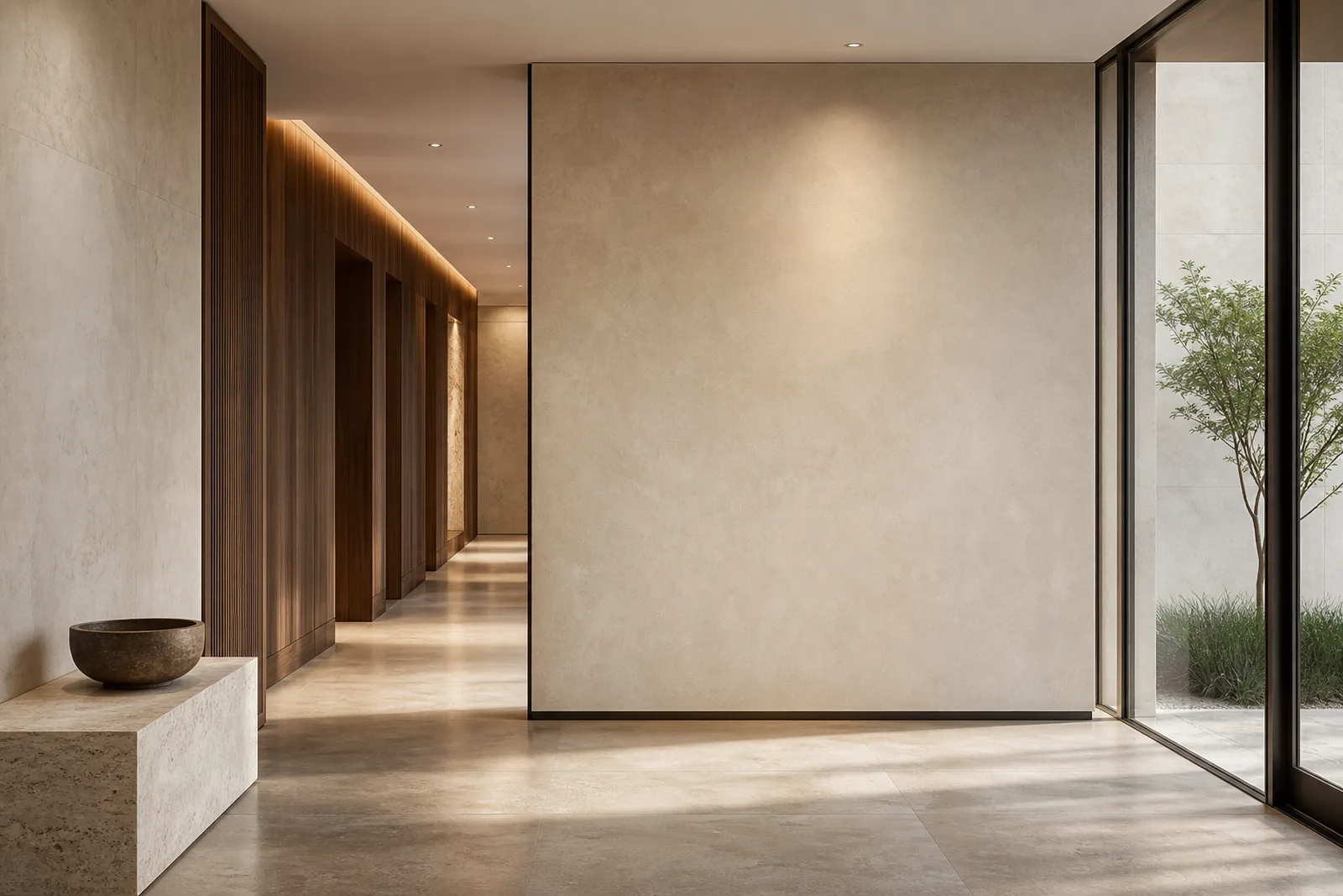 Architectural commercial interior corridor with a warm stone feature wall, walnut paneling and daylight from a glass entrance