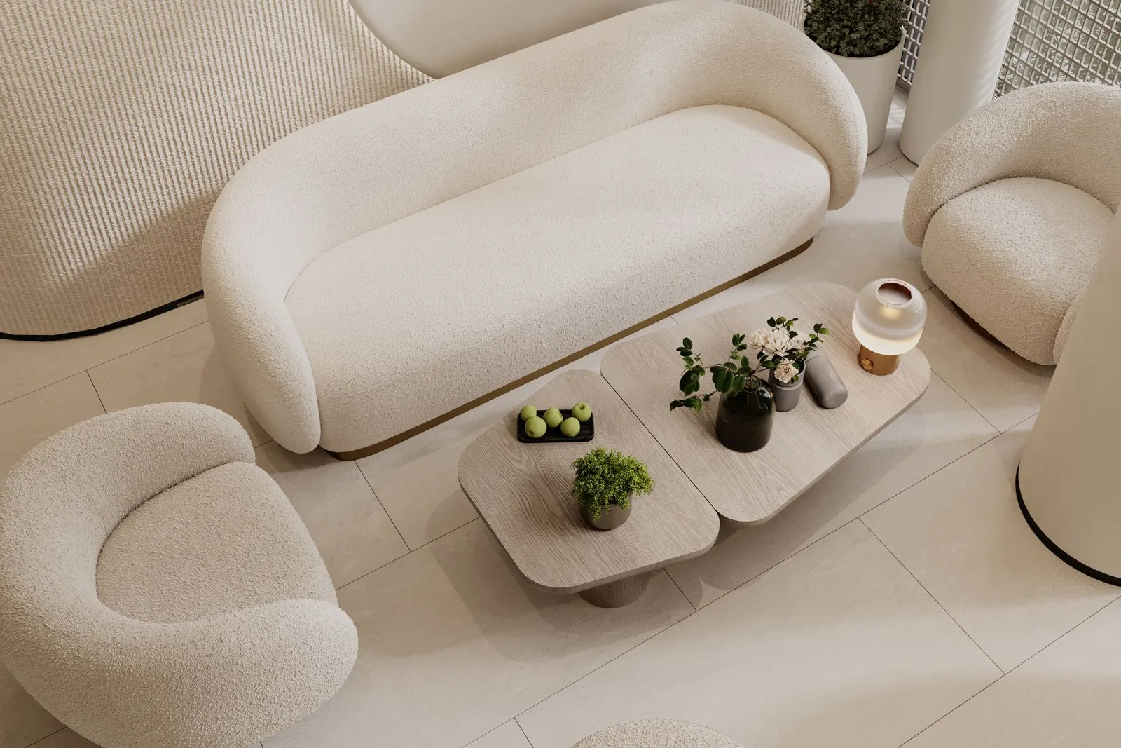 Calm, neutral-toned reception lounge with soft furnishings, representative of a med spa interior