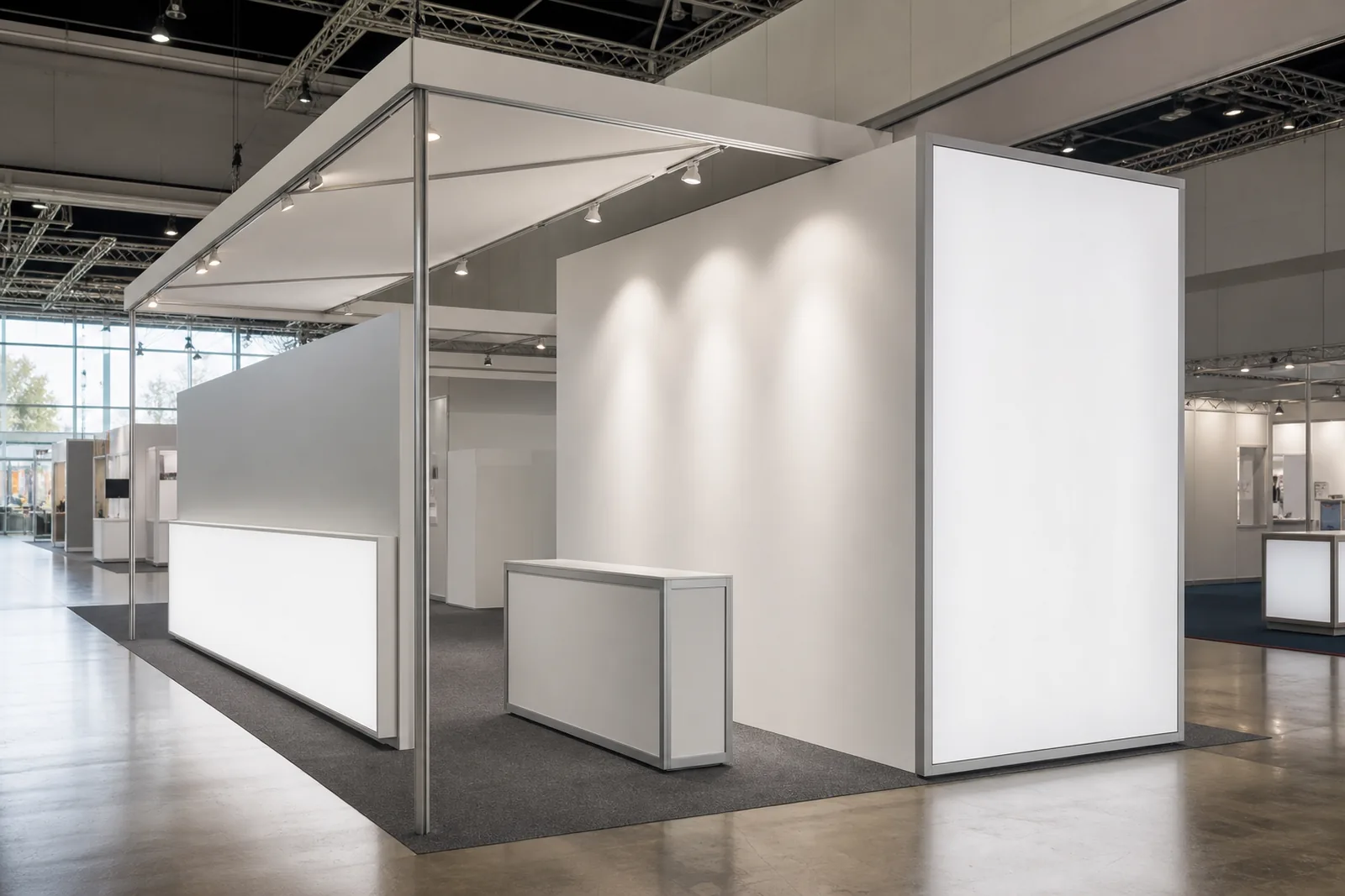 Modern trade-show exhibition booth with tension-fabric display walls and a backlit lightbox panel
