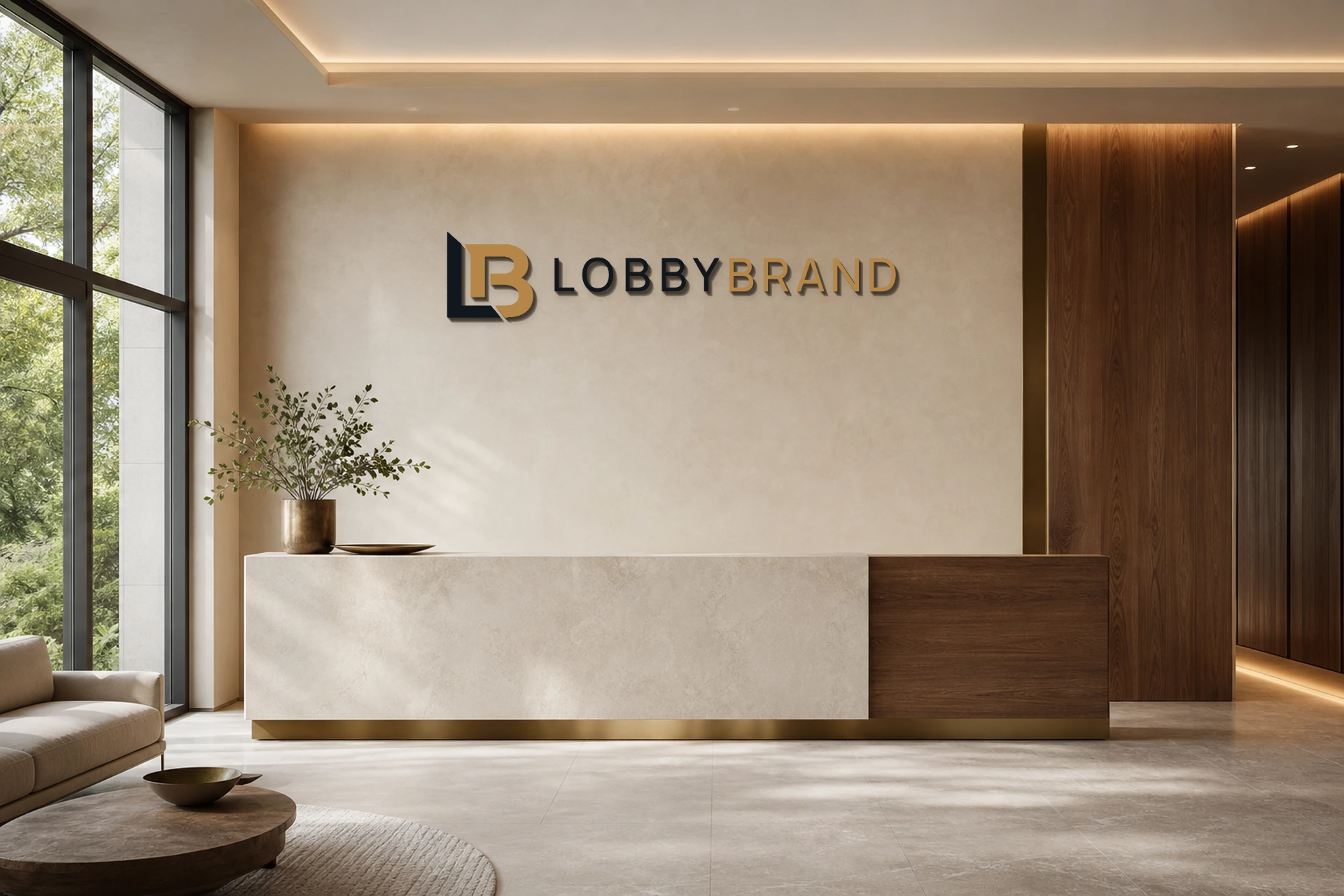 Contemporary commercial interior with warm architectural materials and natural daylight