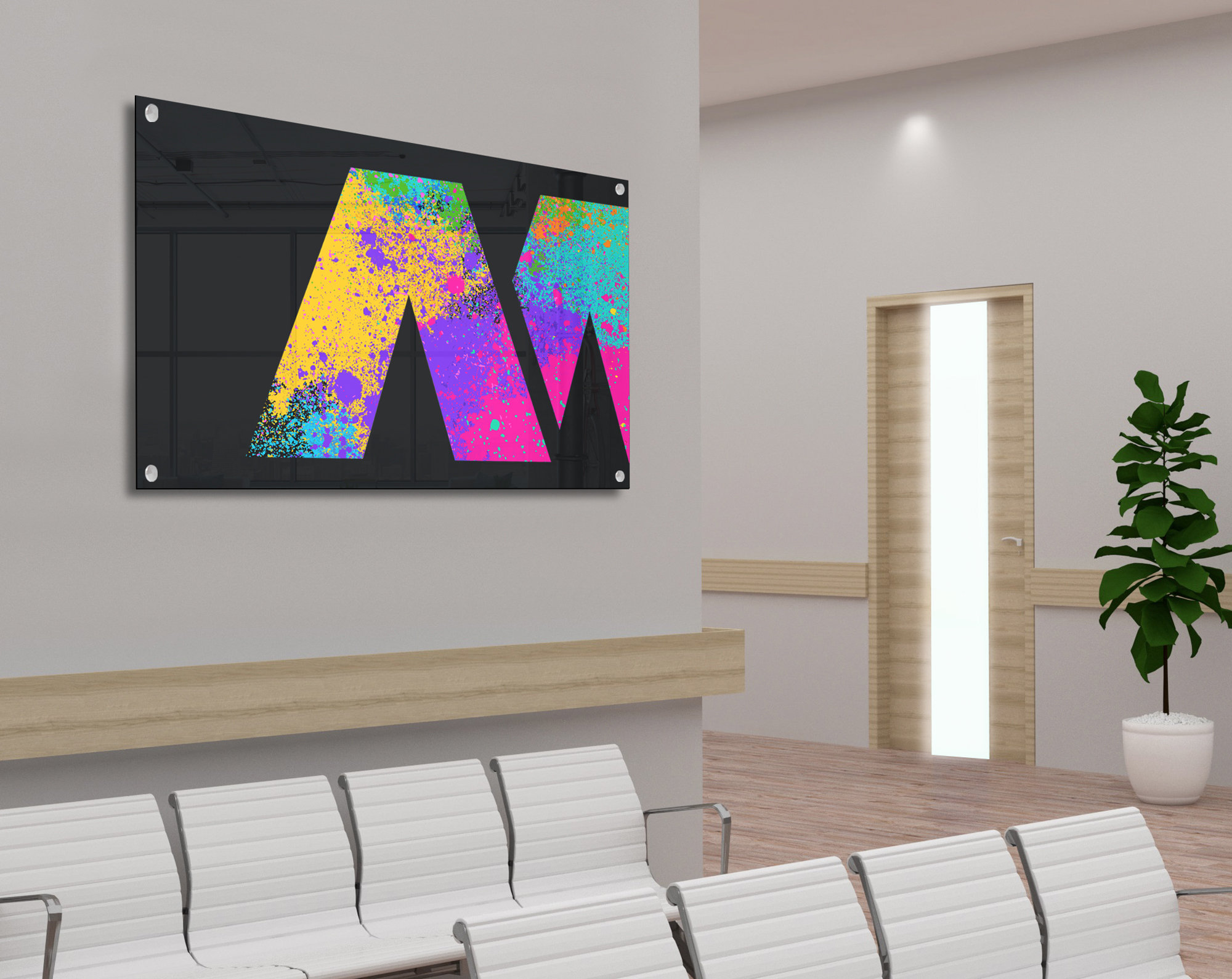 Floating acrylic logo sign with metal standoffs in a premium reception interior