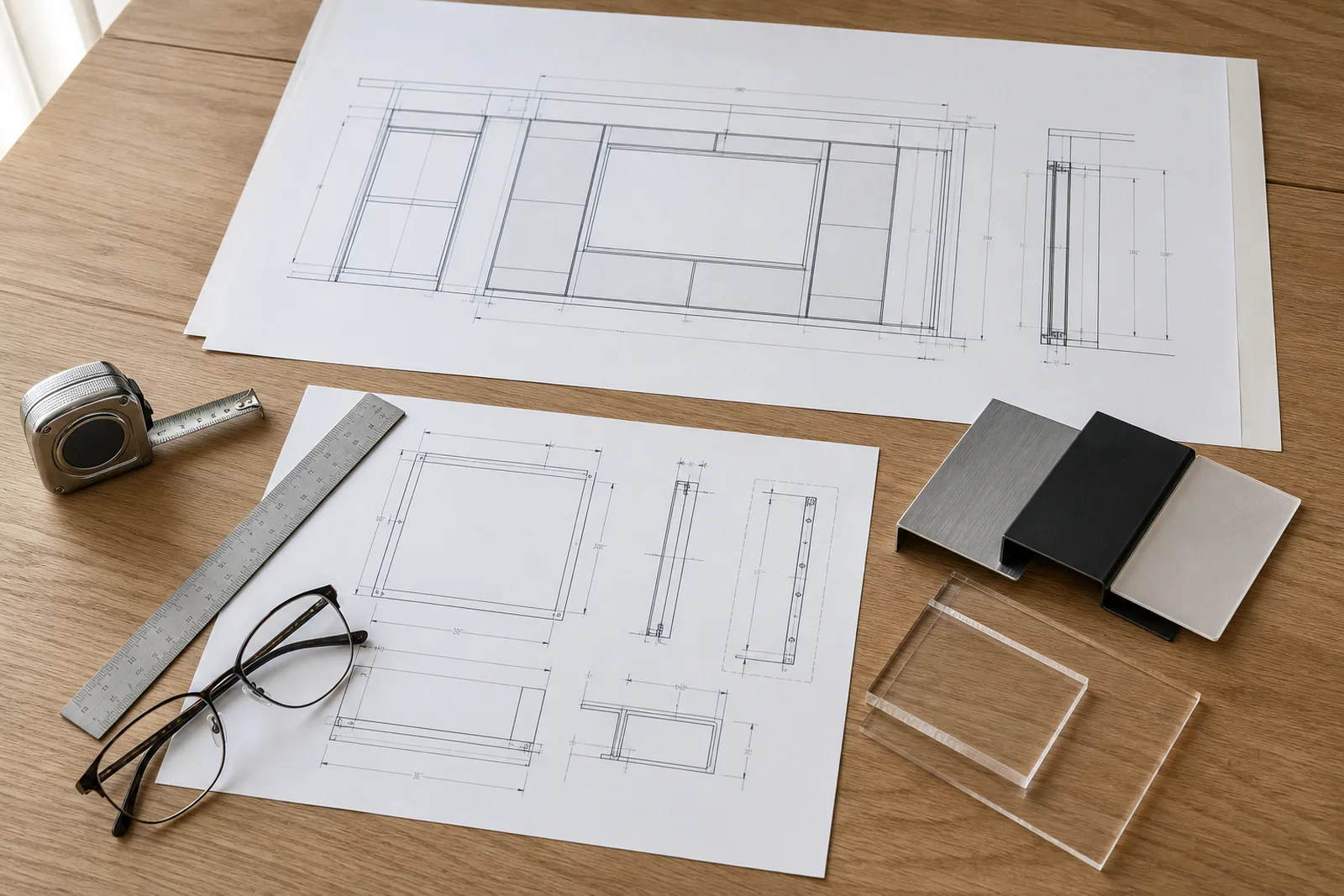 Wall-elevation technical drawings, dimension sheets, metal and acrylic finish swatches and a tape measure laid out on a table