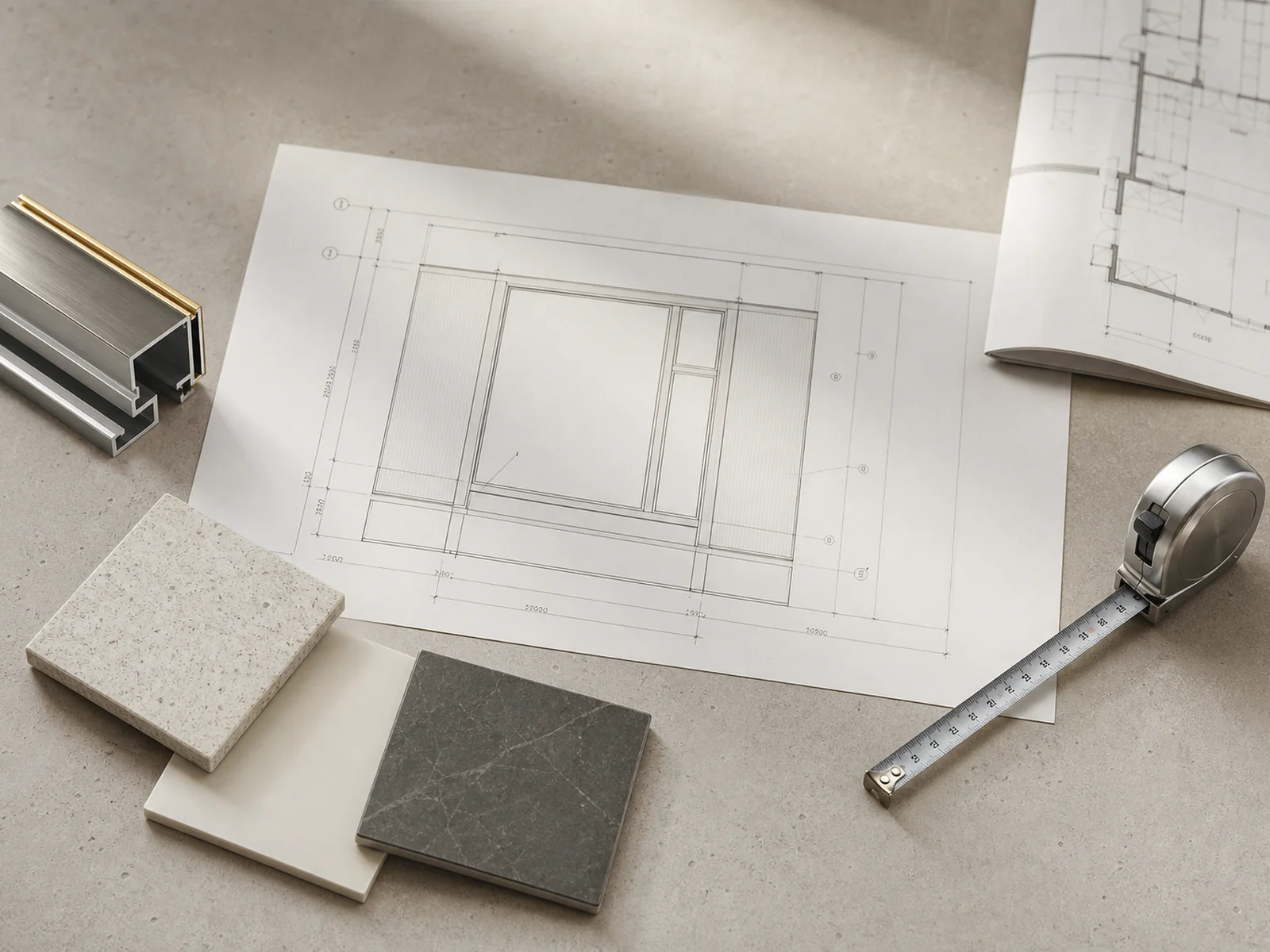 Wall-elevation drawing, aluminium frame profile sample, stone and finish chips and a tape measure arranged on a project-specification desk