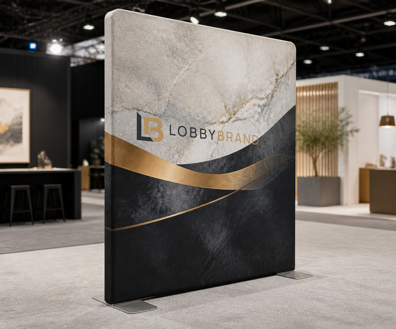 Freestanding pillowcase tension fabric trade show display with metal support feet